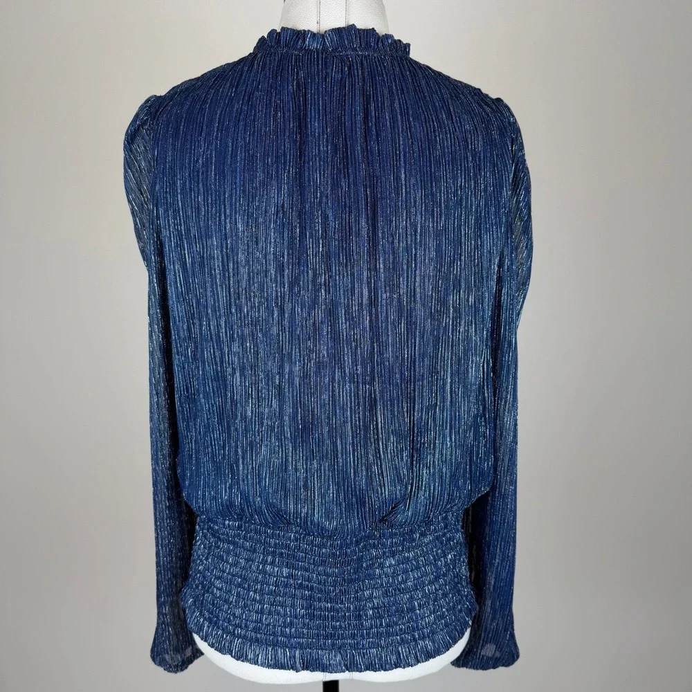 Joie Navy Blue Metallic Pleated Smocked High Neck Blouse Womens Large Party Glam - Picture 5 of 11